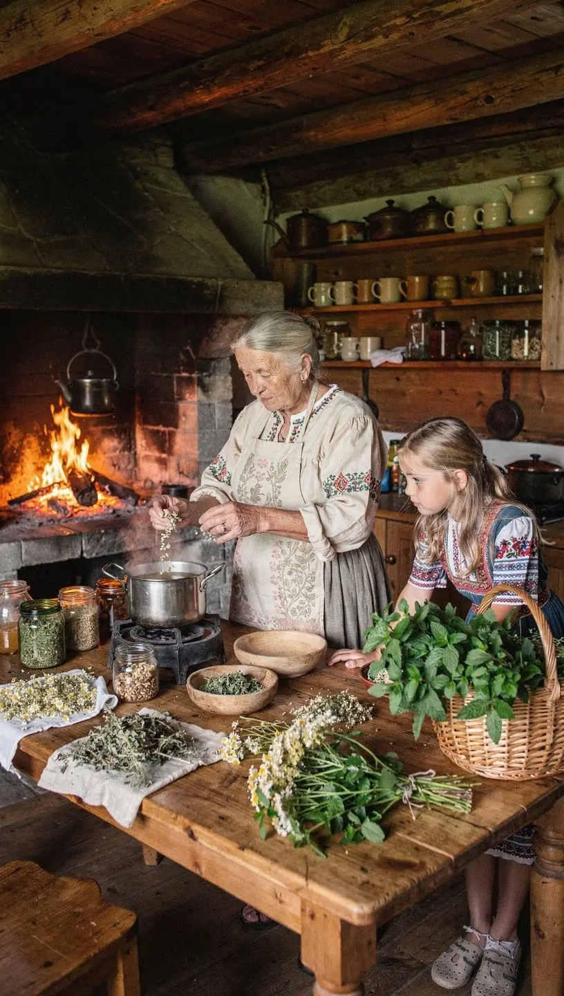 Žolelių arbatos puodelis su šviežiais laukiniais augalais.