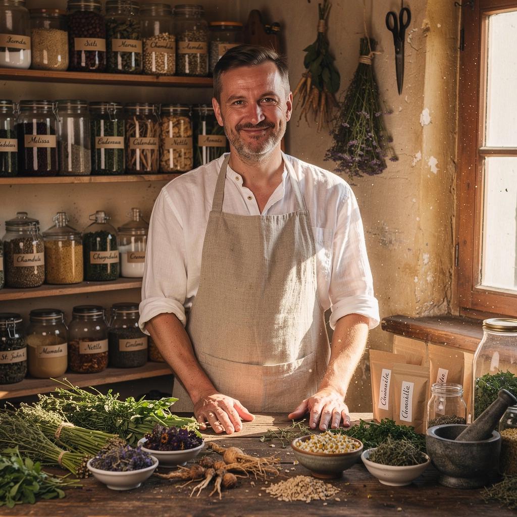 Žolelių arbatos puodelis su natūraliais ingredientais ir žolelėmis.