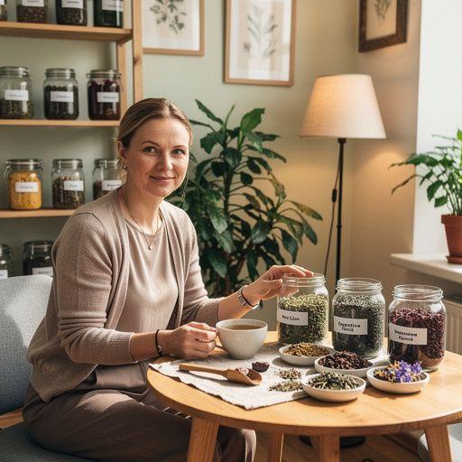 Žolelių arbatos pakuotė su vaizdu į Lietuvos kraštovaizdį.